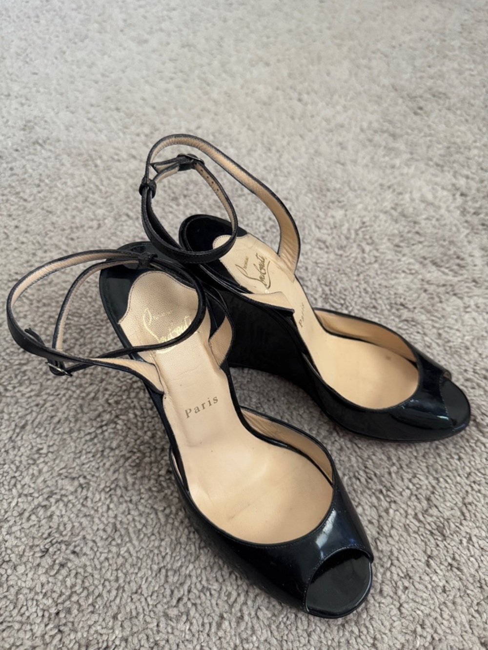 Christian Louboutin Black Patent Peep-Toe Ankle-Strap Heels - Picture 2 of 8